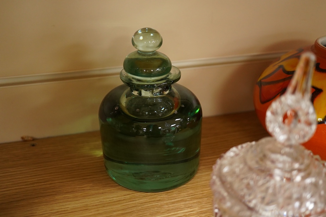 A group of mixed collectables including a Clarice Cliff Fantasque dwarf candlestick, silver mounted meerschaum pipe, etc.